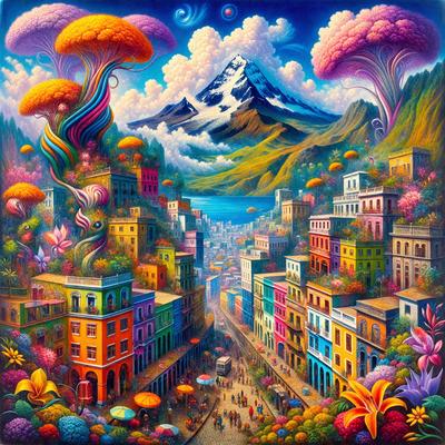 The primary subject of the image is a colorful cityscape with a mountain in the background. The setting is a vibrant, artistic representation of a town with buildings, streets, and people. The visual style is a combination of digital art and illustration, creating a lively and imaginative atmosphere. The colors and mood are predominantly bright and cheerful, with a sense of whimsy and creativity.
